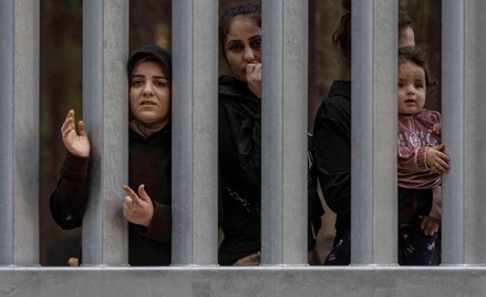 Syryjczycy i Irakijczycy za ogrodzeniem na granicy polsko-białoruskiej, niedaleko Białowieży. 29 maj