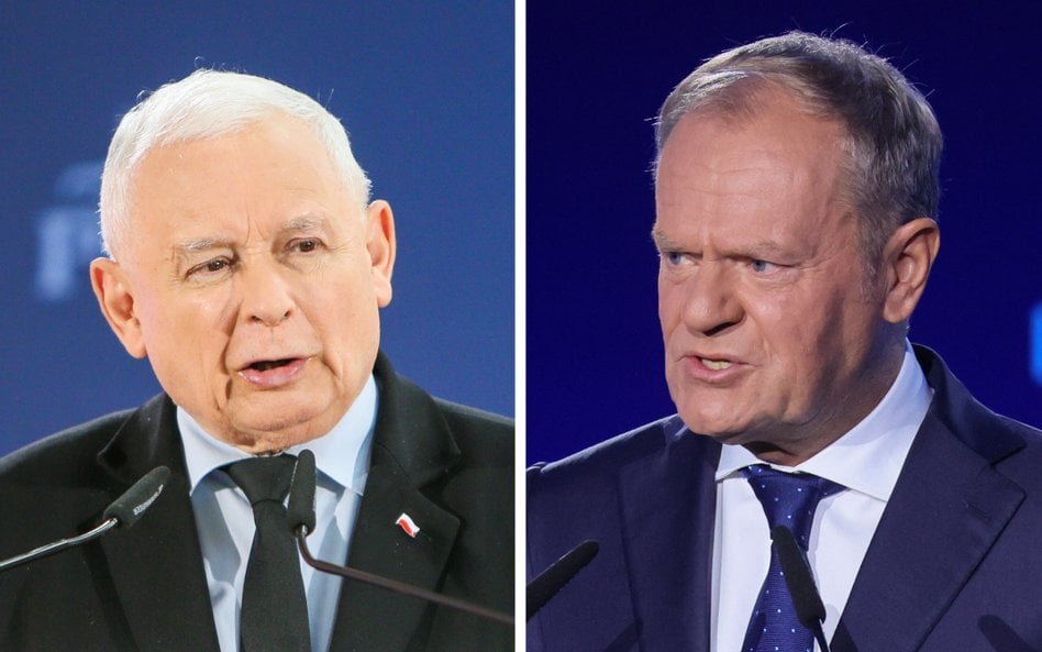Prezes Prawa i Sprawiedliwości Jarosław Kaczyński oraz premier RP, przewodniczący Platformy Obywatel