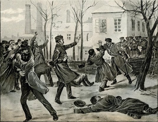 Masakra protestujących robotników pod Hutą Katarzyna 9 lutego 1905 r. w Sosnowcu. Zdjęcie zamieściły