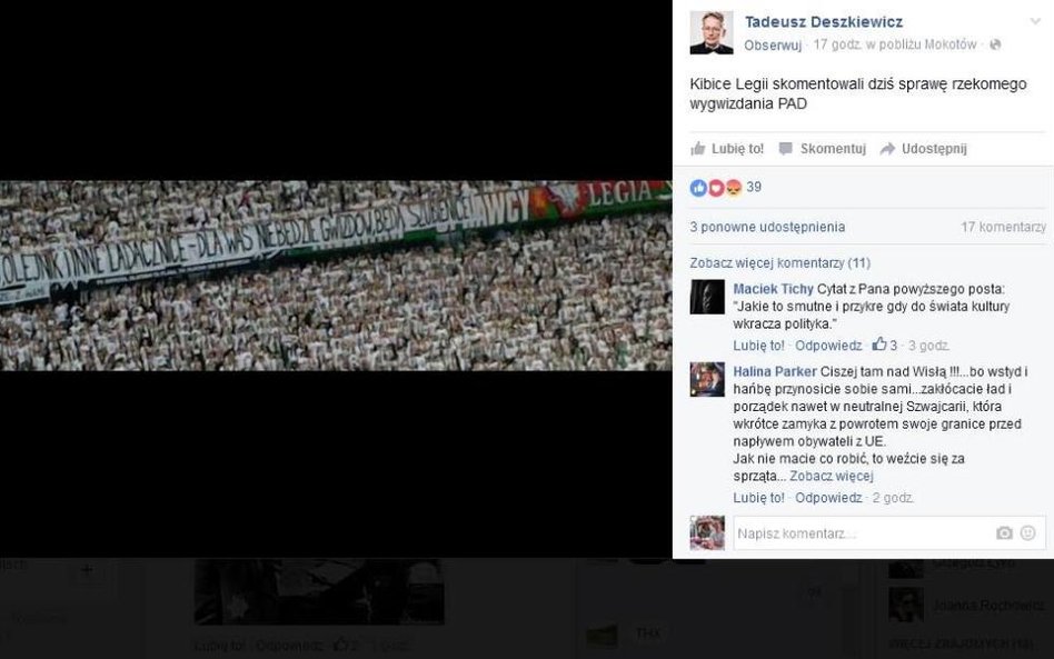 Tak prezez Radia dla Ciebie Tadeusz Deszkiewicz skomentował baner na stadionie Legii.