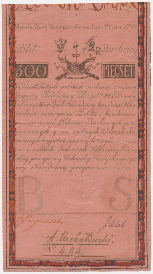 Od 120 tys. zł licytowany będzie banknot o nominale 500 zł z czasów Insurekcji Kościuszkowskiej