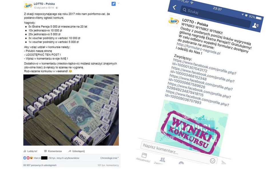 Pensja od "Lotto". Oszustwo na Facebooku