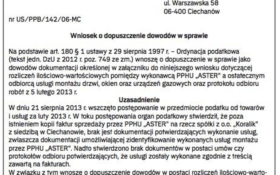 WZÓR wniosku o dopuszczenie dowodu
