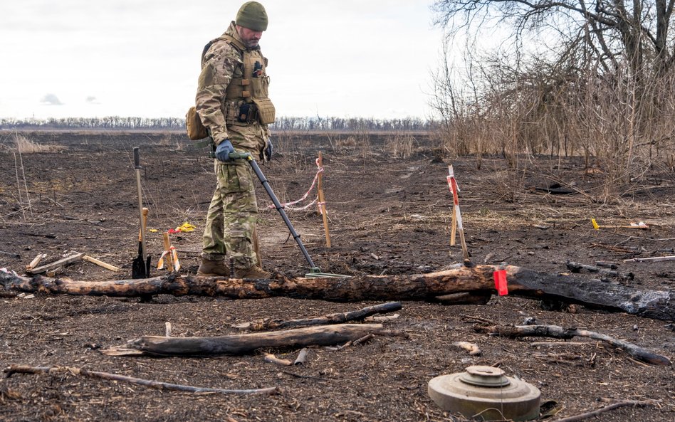 Obwód charkowski, Ukraina. Pracownik służby pirotechnicznej Policji Narodowej Ukrainy oczyszcza pole