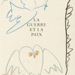Rysunek Pabla Picassa wykonany na druku strony tytułowej książki z napisem: 'La Guerre et la paix' w