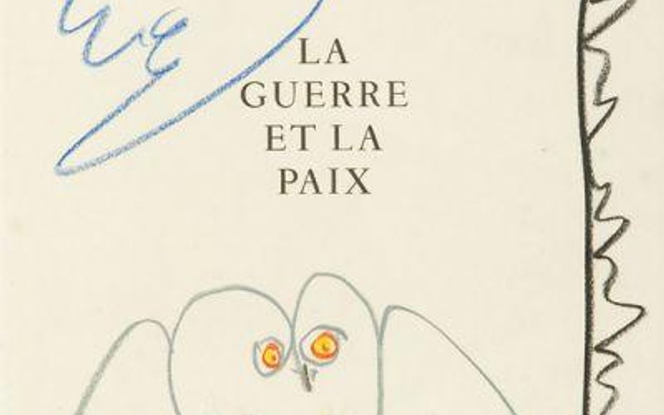 Rysunek Pabla Picassa wykonany na druku strony tytułowej książki z napisem: 'La Guerre et la paix' w