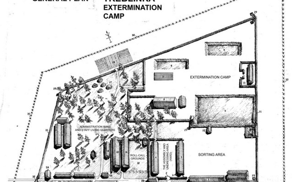 Rysunki Samuela Willenberga przedstawiające obóz zagłady w Treblince: Plan ogólny obozu śmierci Treb